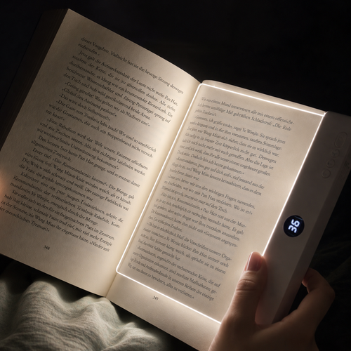 NachtLeser Klemmleselampe an einem geöffneten Buch, warmes Licht beleuchtet die Seiten blendfrei